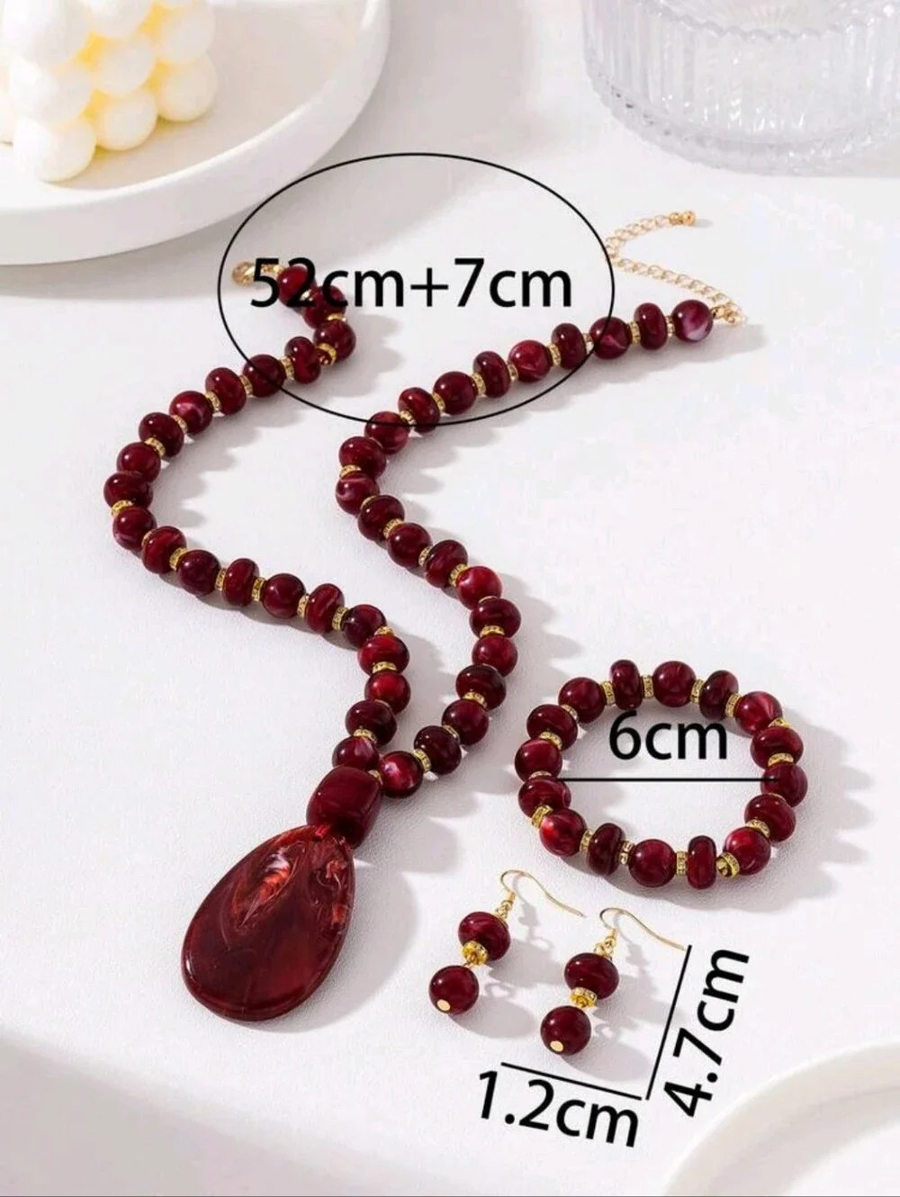 BRAND NEW ** Elegant Burgundy Bead Pendant Necklace, Bracelet & Earring Set